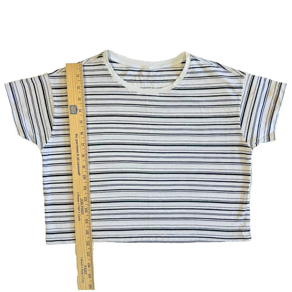 Lululemon Cates Tee Cut Back Stripe White Black T Shirt Crop Pima Cotton